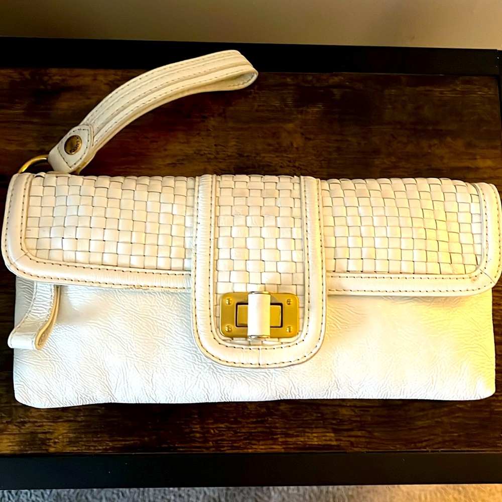 Elliott Lucca White Woven Clutch with Gold Clasp